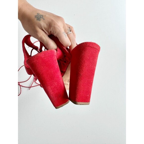 LOEFFLER RANDALL Luz Red Suede Leather Lace-Up Tassel Tie Block Heels, Size 10 - Picture 9 of 16